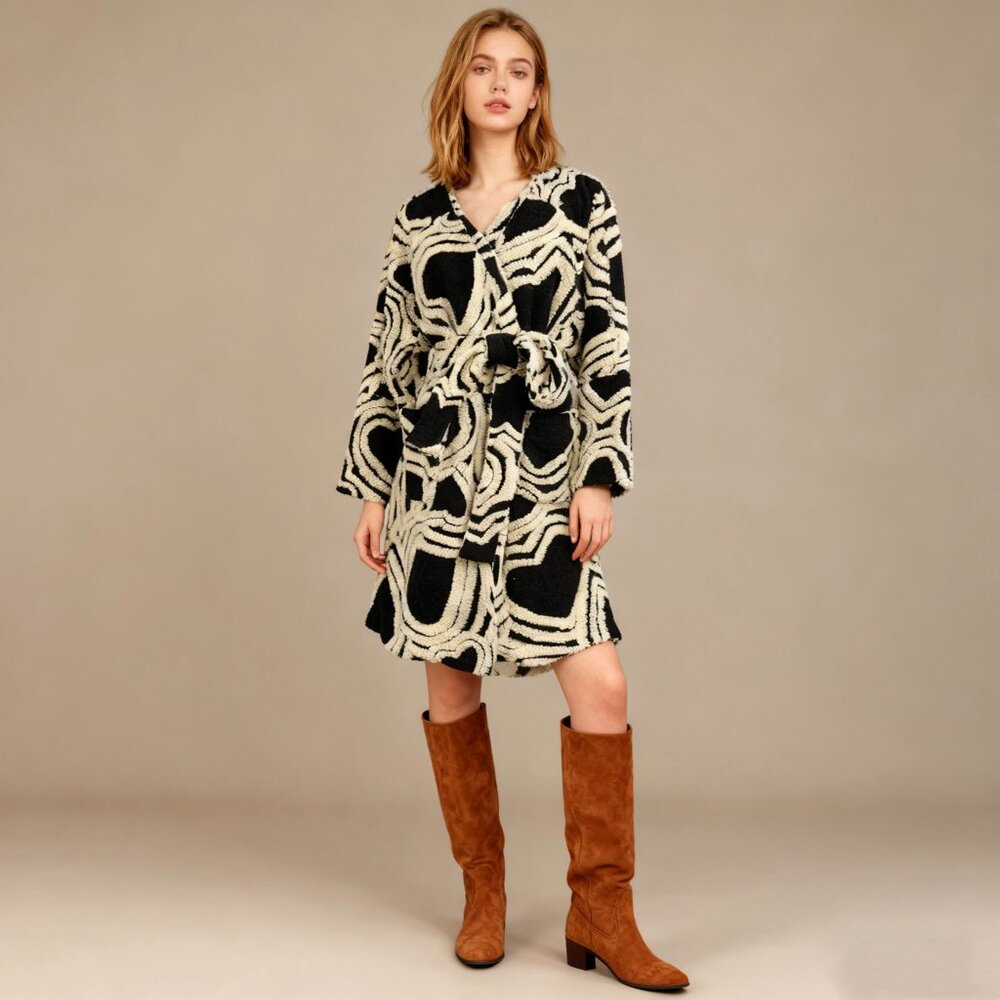 FARM Rio Black and Cream Patterned Wool Pea Coat